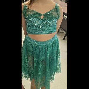 Teal Lace Dance Costume with Rhinestones